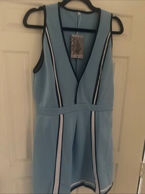 Oyrosy tennis or golf active Light Blue Sleeveless V-Neck Dress with Stripe Deta